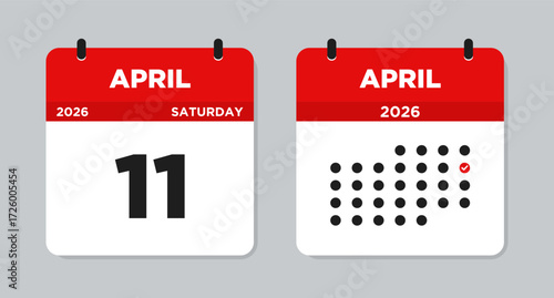 April 11 2026 Saturday Calendar Vector Illustration. April 11 calendar page. Day calendar with date April 11. Week Starts on Sunday. Checklist day calendar. Modern Flat Calendar template icon