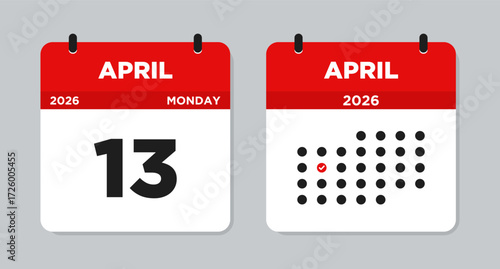 April 13 2026 Monday Calendar Vector Illustration. April 13 calendar page. Day calendar with date April 13. Week Starts on Sunday. Checklist day calendar. Modern Flat Calendar template icon