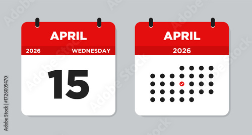 April 15 2026 Wednesday Calendar Vector Illustration. April 15 calendar page. Day calendar with date April 15. Week Starts on Sunday. Checklist day calendar. Modern Flat Calendar template icon