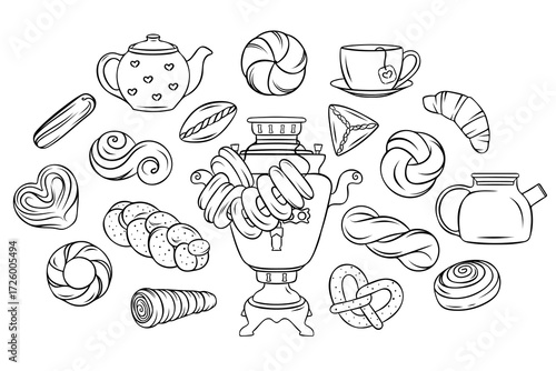 a Big vector set, delicious pastries, braided buns, pies, Russian samovar and drying, simple black and white icons, doodle and sketch style