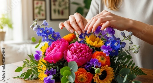 Artisanal Floristry - A Womans Hands Composing a Vivid Bouquet in Soft Natural Light.