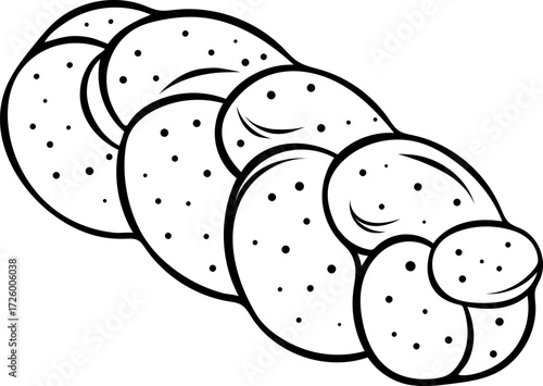 Hand-drawn black and white icon of a wicker challah bread, sketch style illustration of delicious Jewish pastry. Simple doodle of traditional braided bun