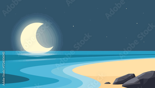 Crescent moon shining over calm ocean waves and sandy beach