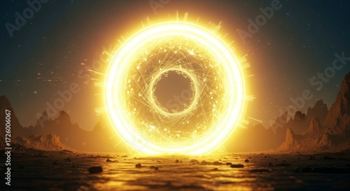 Majestic Golden Energy Portal Illuminating a Vast, Mountainous Ocean Horizon.