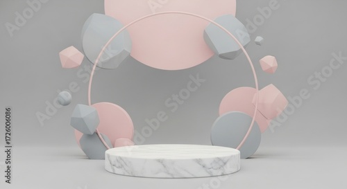 Elegant Marble Podium with Floating Pastel Geometric Shapes and a Minimalist Arch.