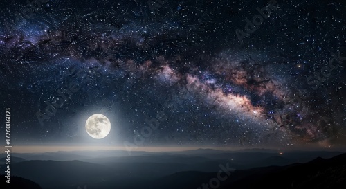 Celestial Serenity - A Luminous Full Moon Beneath the Majestic Milky Way Arch.