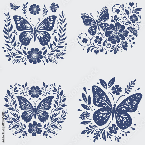 Floral Butterfly Vector SVG Bundle, Flower SVG, Butterfly SVG, Floral Butterfly SVG, Silhouette, Vector, Cutting File For Cricut, Butterfly Wing SVG