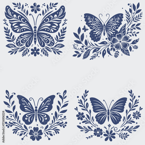 Floral Butterfly Vector SVG Bundle, Flower SVG, Butterfly SVG, Floral Butterfly SVG, Silhouette, Vector, Cutting File For Cricut, Butterfly Wing SVG