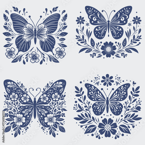 Floral Butterfly Vector SVG Bundle, Flower SVG, Butterfly SVG, Floral Butterfly SVG, Silhouette, Vector, Cutting File For Cricut, Butterfly Wing SVG