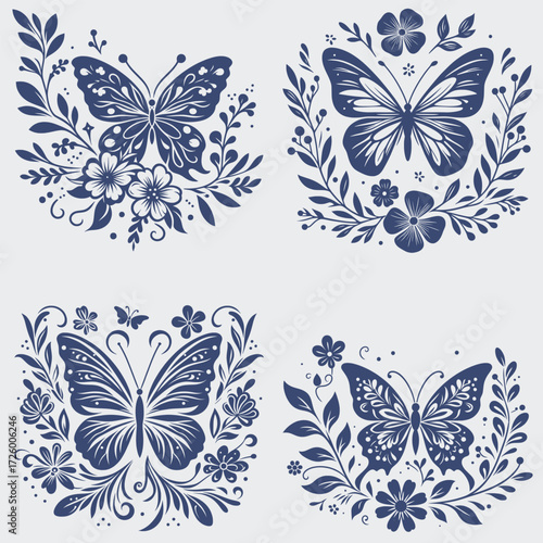 Floral Butterfly Vector SVG Bundle, Flower SVG, Butterfly SVG, Floral Butterfly SVG, Silhouette, Vector, Cutting File For Cricut, Butterfly Wing SVG