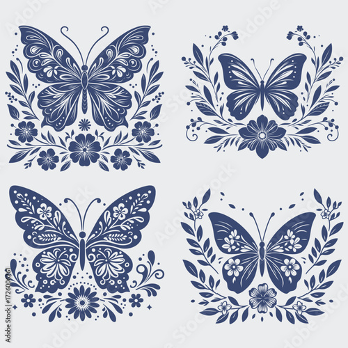 Floral Butterfly Vector SVG Bundle, Flower SVG, Butterfly SVG, Floral Butterfly SVG, Silhouette, Vector, Cutting File For Cricut, Butterfly Wing SVG