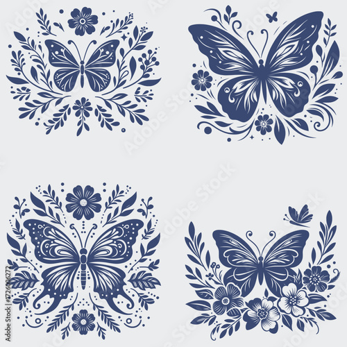 Floral Butterfly Vector SVG Bundle, Flower SVG, Butterfly SVG, Floral Butterfly SVG, Silhouette, Vector, Cutting File For Cricut, Butterfly Wing SVG