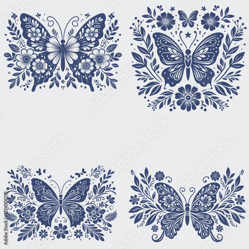 Floral Butterfly Vector SVG Bundle, Flower SVG, Butterfly SVG, Floral Butterfly SVG, Silhouette, Vector, Cutting File For Cricut, Butterfly Wing SVG