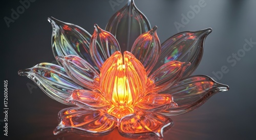 Radiant Crystal Lotus Flower Illuminated by a Warm, Glowing Core of Amber Light.