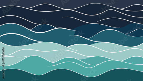 Abstract wavy ocean layers with white outlines and deep blue sky