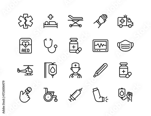 Medical Emergency Services Vector Icon Set | Adjustable Line Weight | Ambulance, doctor, injection, mask, gloves, aed, blood bag, first aid, monitor, medicine, emergency, stretcher, nurse