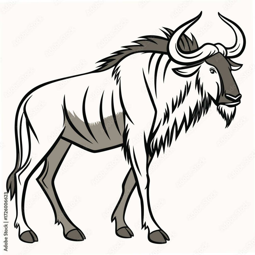 Fototapeta premium Light Colored Wildebeest Standing Profile View With Dark Mane And Horns Keywords: wildebeest, gnu, antelope