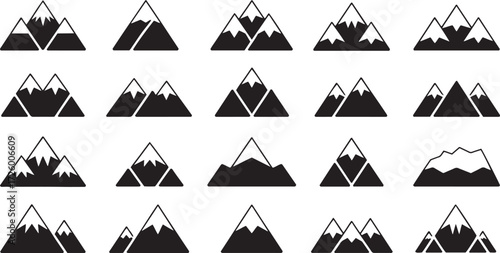 Collection of black and white mountain icons with snow caps mountains peak