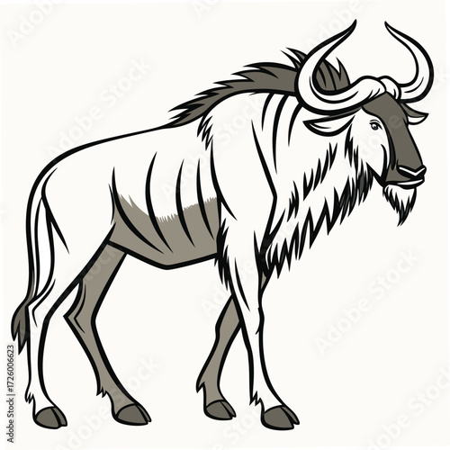 Light Colored Wildebeest Standing Profile View With Dark Mane And Horns Keywords: wildebeest, gnu, antelope