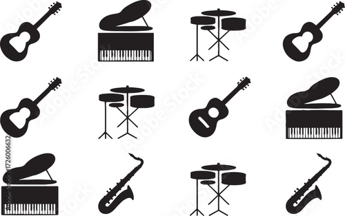 Black silhouettes of musical instruments including guitars pianos drums and saxophones on a white background