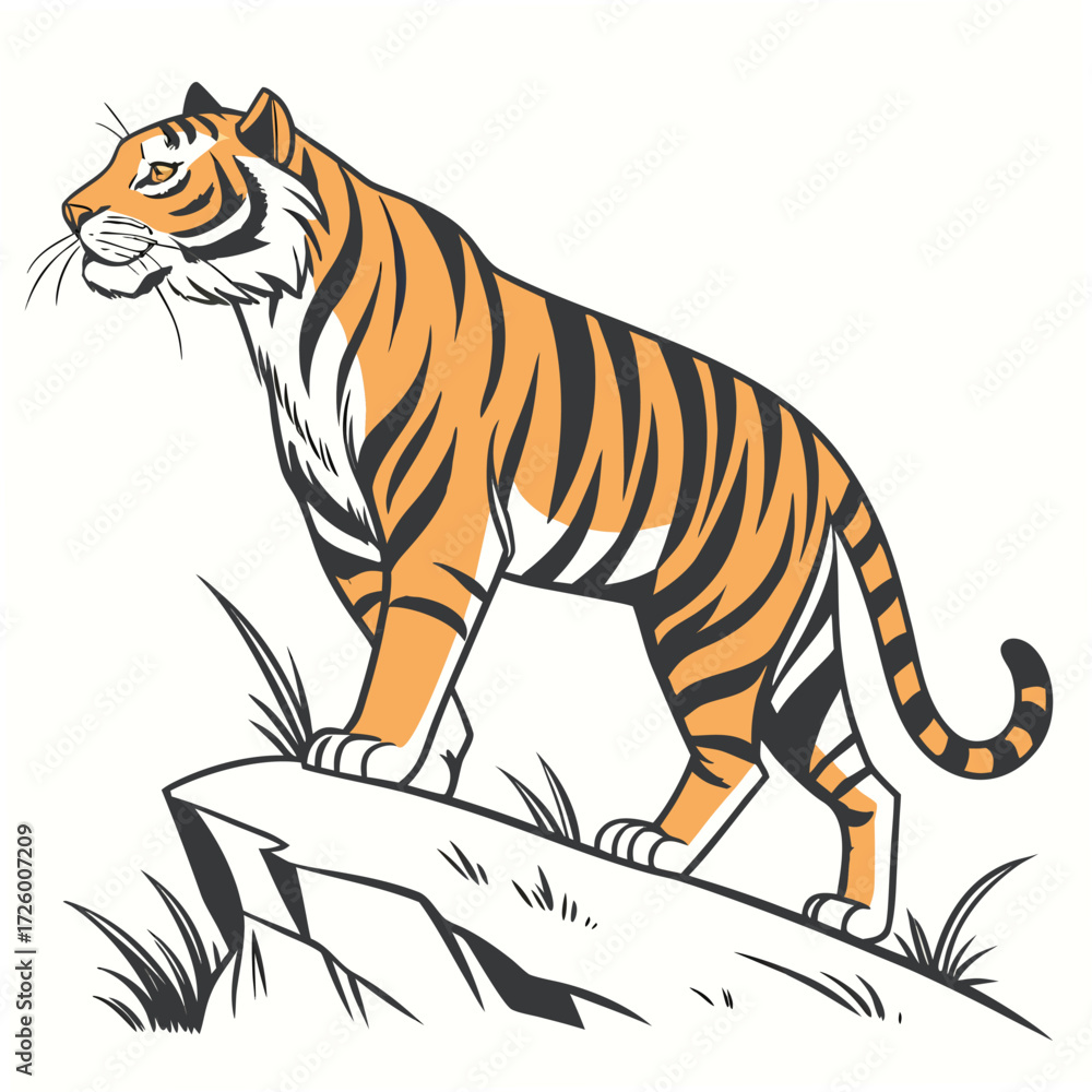 Obraz premium Stylized Bengal Tiger Standing on Rocky Outcrop with Grass wild animal predator