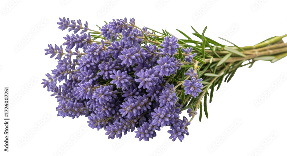Fototapeta premium Close up macro shot of a bunch of fresh purple lavender flowers with green stems tied together transparent background