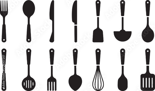 Collection of black kitchen utensil icons on white background vector illustration Editable stroke fork