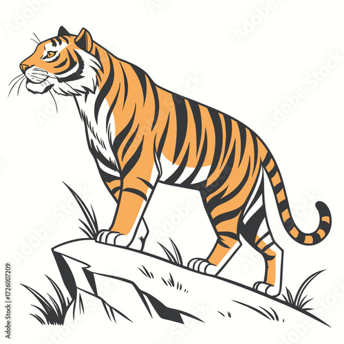 Stylized Bengal Tiger Standing on Rocky Outcrop with Grass wild animal predator