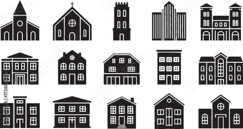 Collection of black silhouette building icons including churches houses and skyscrapers architecture