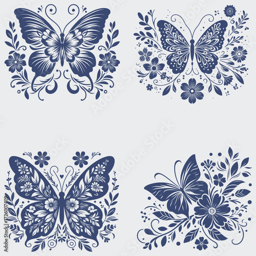 Floral Butterfly Vector SVG Bundle, Flower SVG, Butterfly SVG, Floral Butterfly SVG, Silhouette, Vector, Cutting File For Cricut, Butterfly Wing SVG
