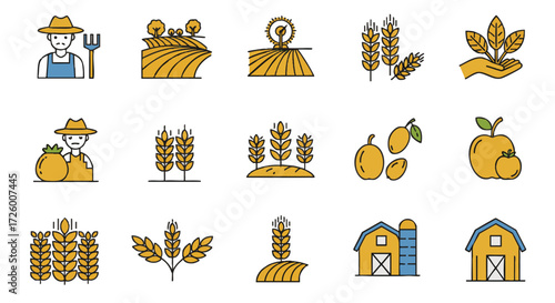 Collection of farming and agriculture icons depicting various elements of rural life and harvest.