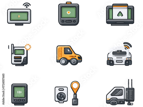 Vector icon set of vehicle tracking and GPS navigation technology.