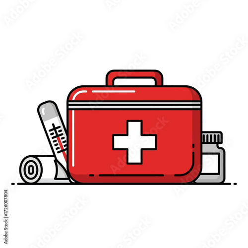 A red first aid kit box with a white cross, accompanied by a thermometer, a roll of bandage, and a medicine bottle.