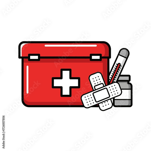A red first aid kit with medical supplies including bandages, a thermometer, and a small bottle.