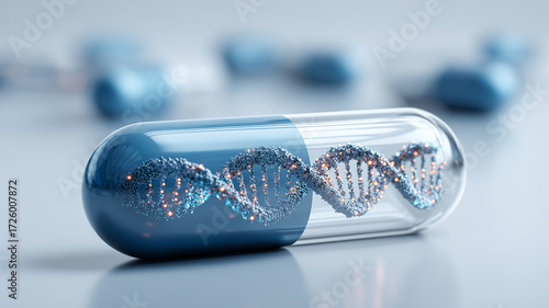 A pharmaceutical capsule with a visible DNA helix representing personalized medicine where genomics informs targeted therapy, precision dosing, and next generation drug development