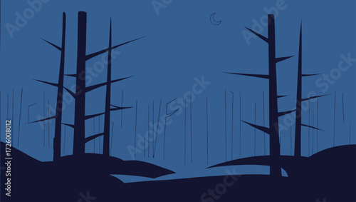 Dark forest silhouette under a crescent moon at night
