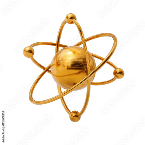 An abstract golden orbital model of a physical particle, artfully arranged and rendered in a minimalist style, suggestive of scientific study and exploration.