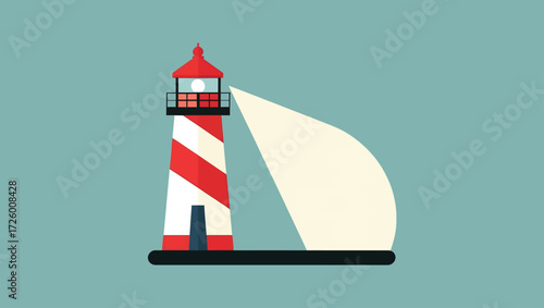 Stylized lighthouse with a beam of light on a teal background
