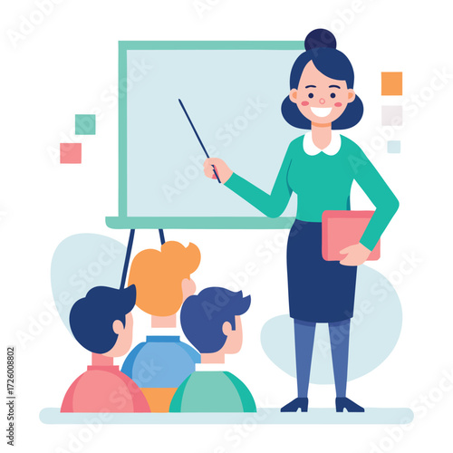 A friendly female teacher wearing a mask stands at a whiteboard pointing with a stick to attentive students sitting in a classroom learning together
