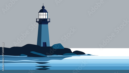 Minimalist lighthouse on a rocky shore with calm water reflection