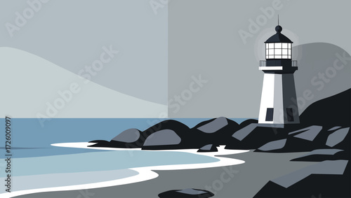 Minimalist lighthouse standing on rocky shore by the ocean
