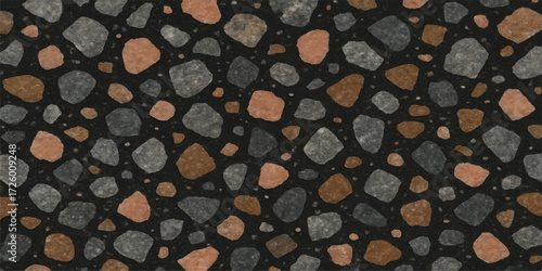 Granite stone wall texture background pattern with natural grey gravel and pebbles terazzo