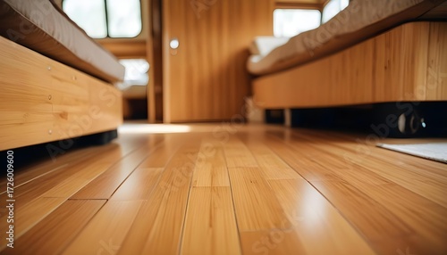 Wooden floor and bed in a bright, modern bedroom interior.