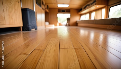 Interior view of a wooden RV with a focus on the shiny floor.