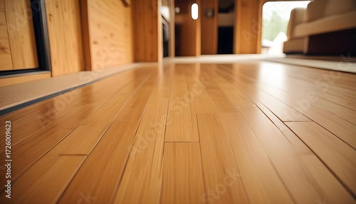 Interior view of a wooden floor in a modern recreational vehicle.