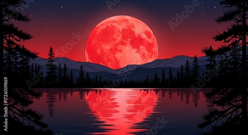 Crimson Pixel Moonrise Over a Tranquil Lake and Forest Silhouette.