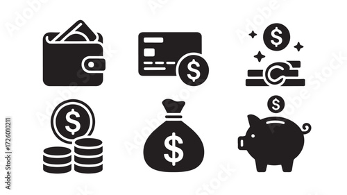 Set of black money icons finance vector glyphs for banking and investment isolated on white background
