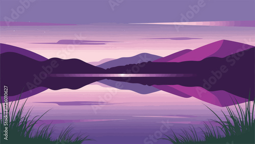 Serene mountain lake at dusk with purple sky and reflections
