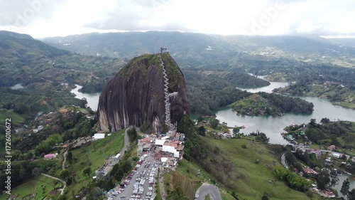 Medellín, Colombia, aerial view of Guatapé lake from the Rock. Stone, stairs (La Piedra del Peñol), daytime, drone, 4K, tourism destination