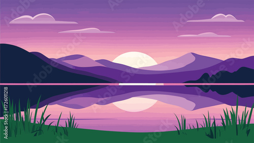 Serene mountain lake reflection at sunset with purple hues